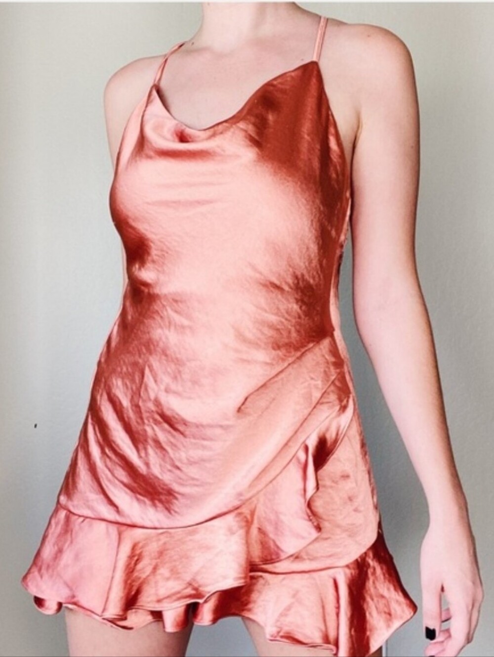 Selfie Leslie Satin Copper Pink Cowl Neck Mini Dress Romper Size Small